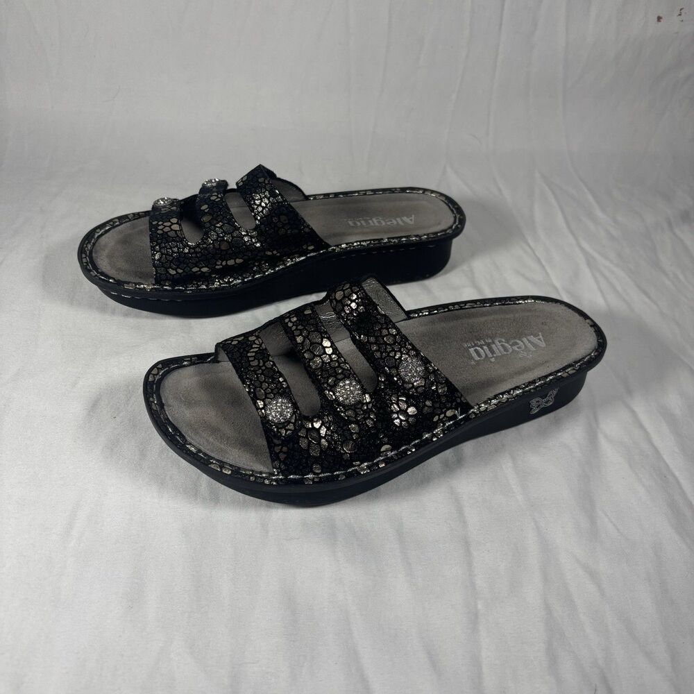 Alegria Black Silver Wedge Slide Sandals Women’s 40 Us 9-9.5